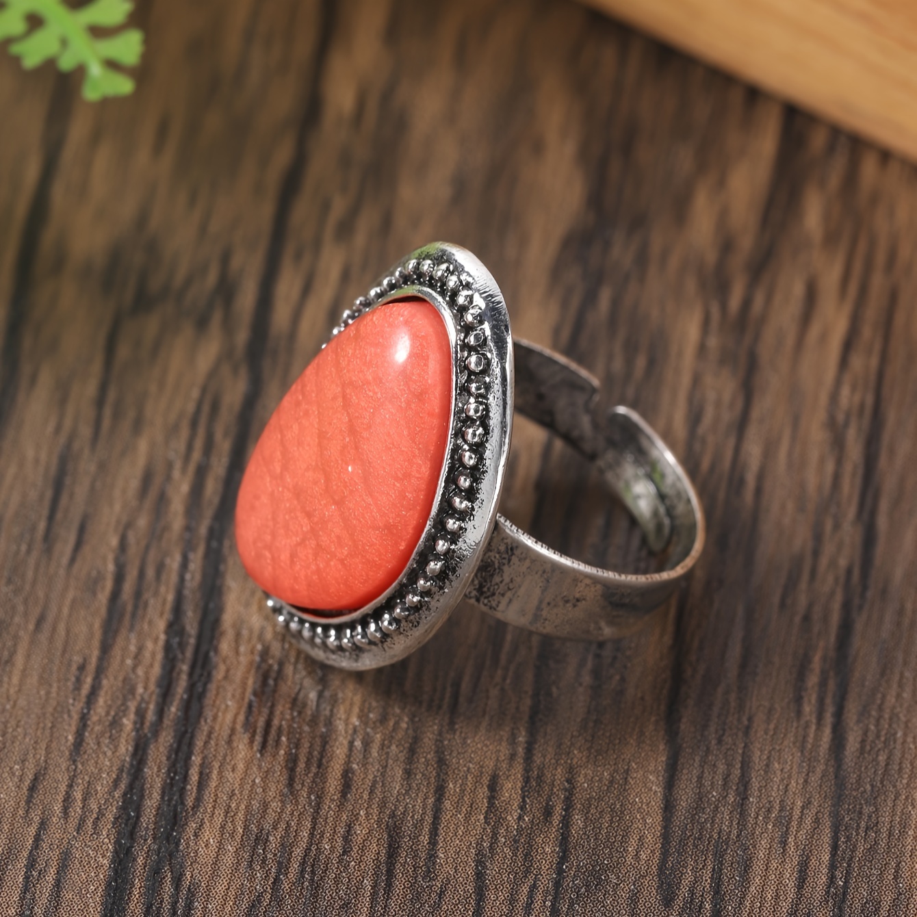 Boho Adjustable Orange Resin Ring Vintage Silvery Stainless Steel